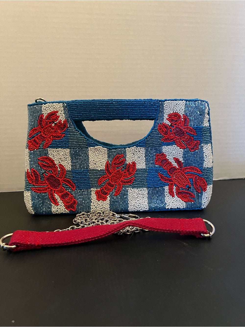 Beaded Blue Check Clutch with Red Lobster Appliqués New without tags